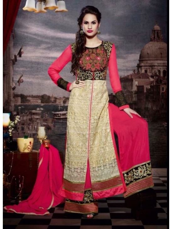 Beige Net Dress Hot Pink Wide Trousers Suit Beige Net Dress Hot Pink Wide Trousers Suit
