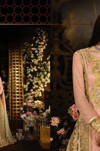 S41 PEACH AND GOLD BLOSSOM SYBELLA DESIGNER LEHENGA DRESS